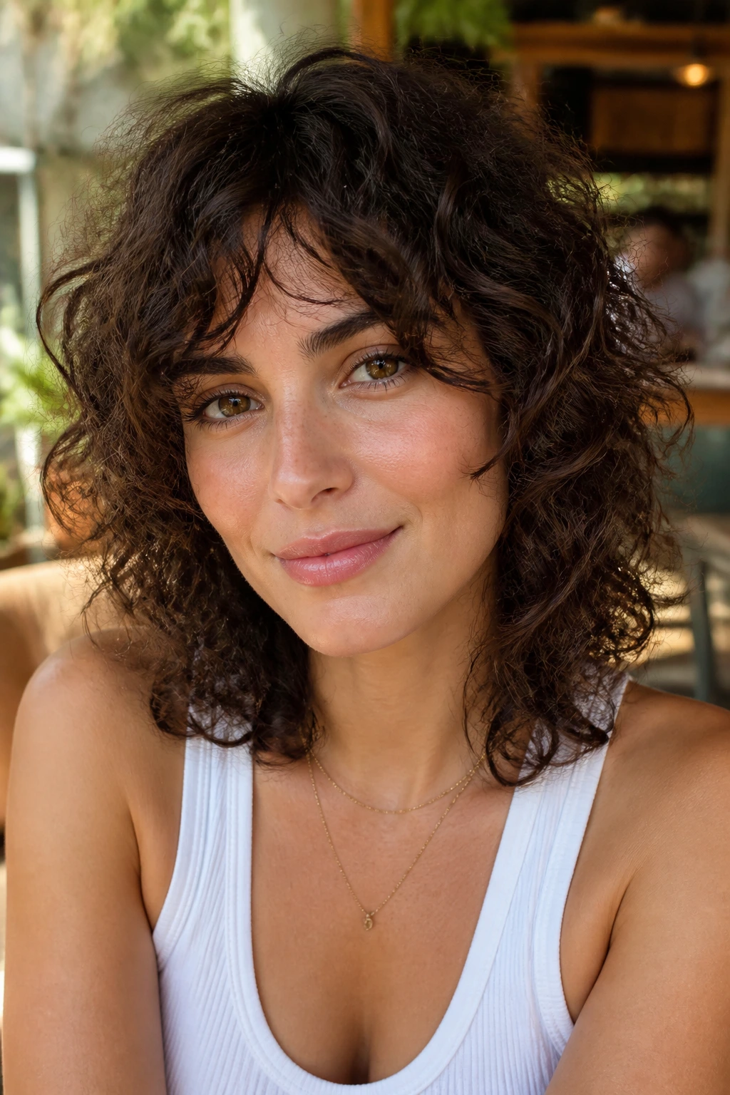 Real woman with curly shag and soft face framing