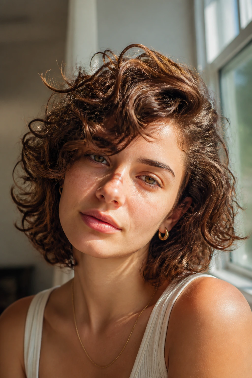 Real woman with curly shag and deep side part in warm window light