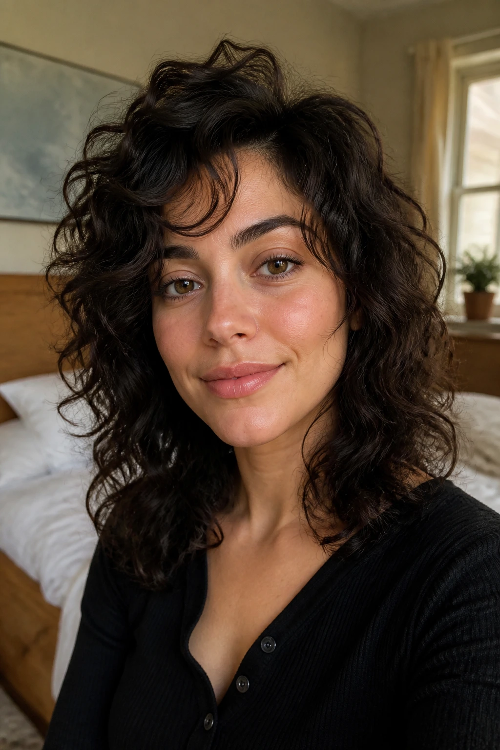 Close-up of a real woman with curly shag and a soft side part, lit by warm window light.