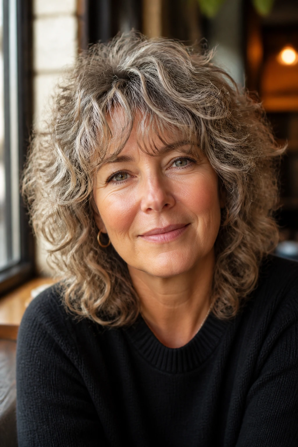 Portrait of a woman with curly shag and soft bangs