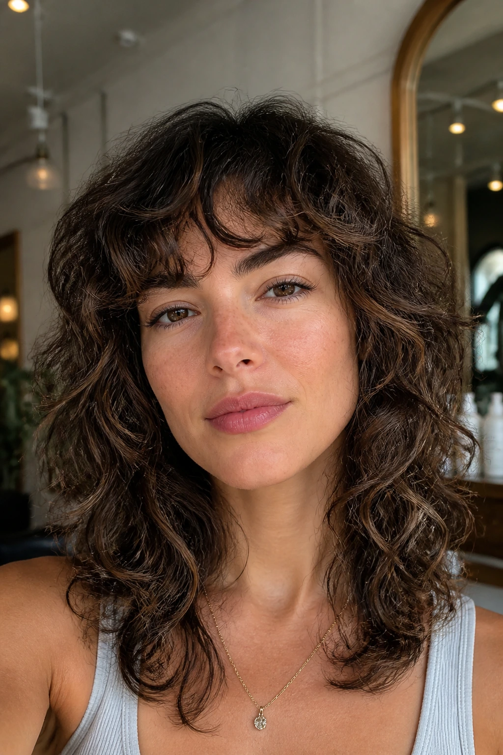 Close-up of real woman with curly shag for square face