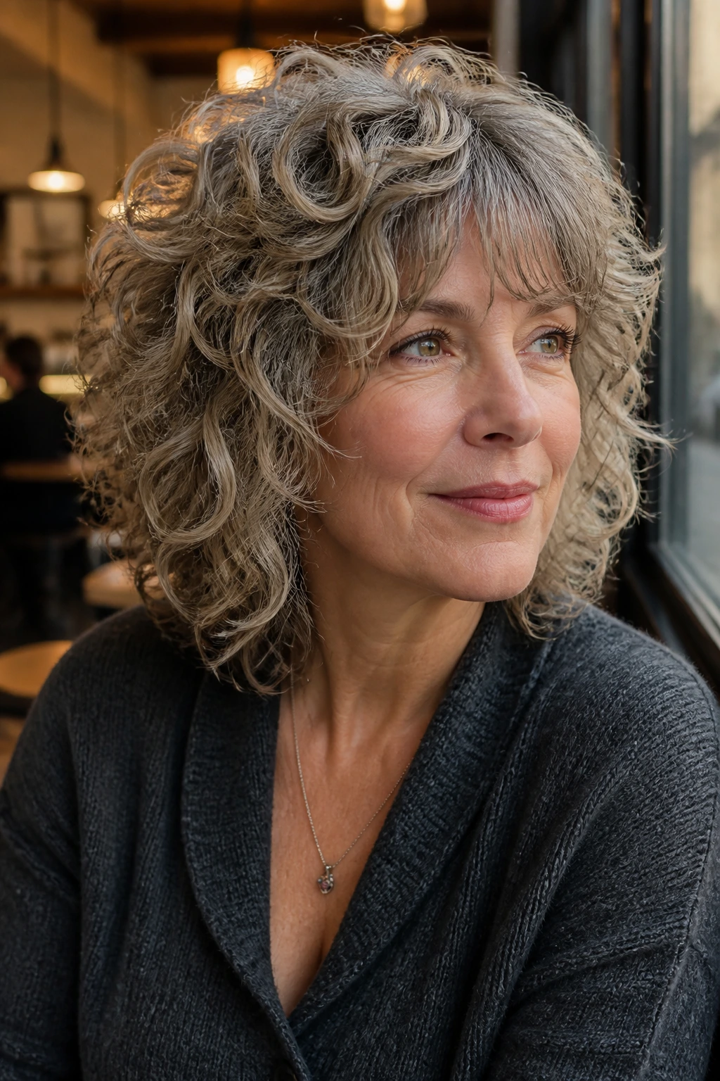 Close-up portrait of a real woman with curly shag for square faces, soft fringe softening jawline