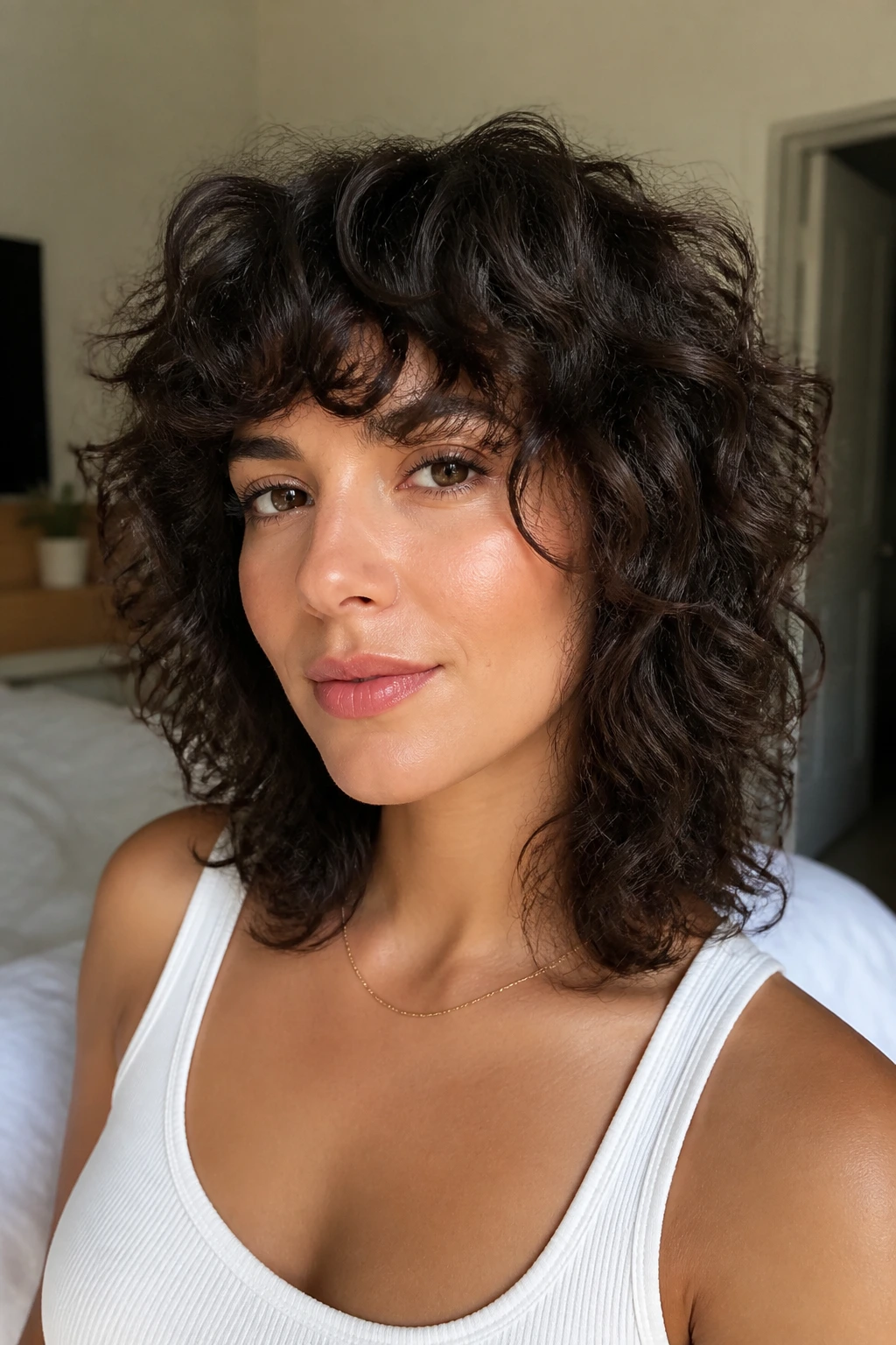 Close-up of a real woman with shoulder-length stacked curly shags and defined curls