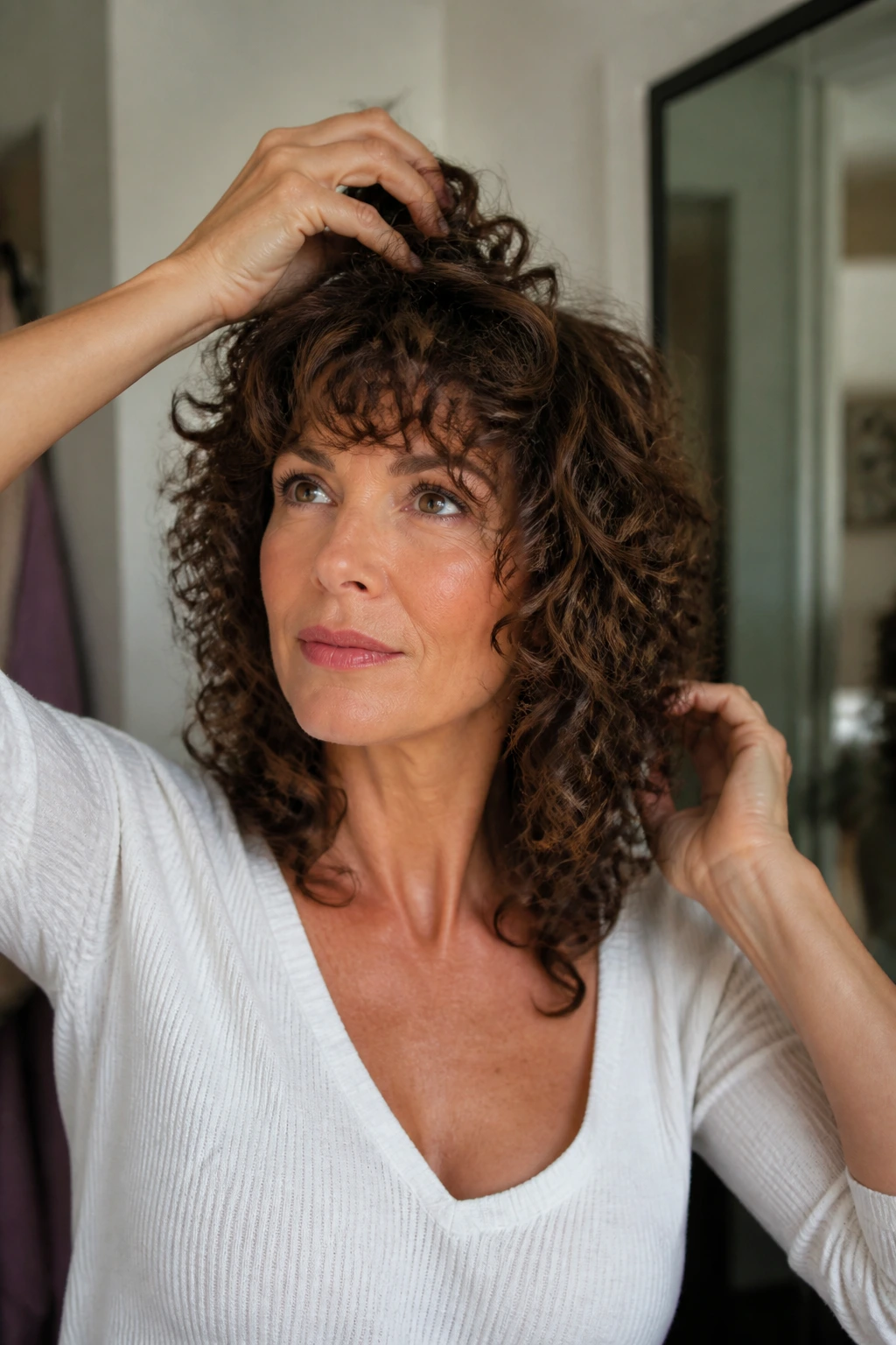 Portrait of a real woman with curly shag styled to prevent puff