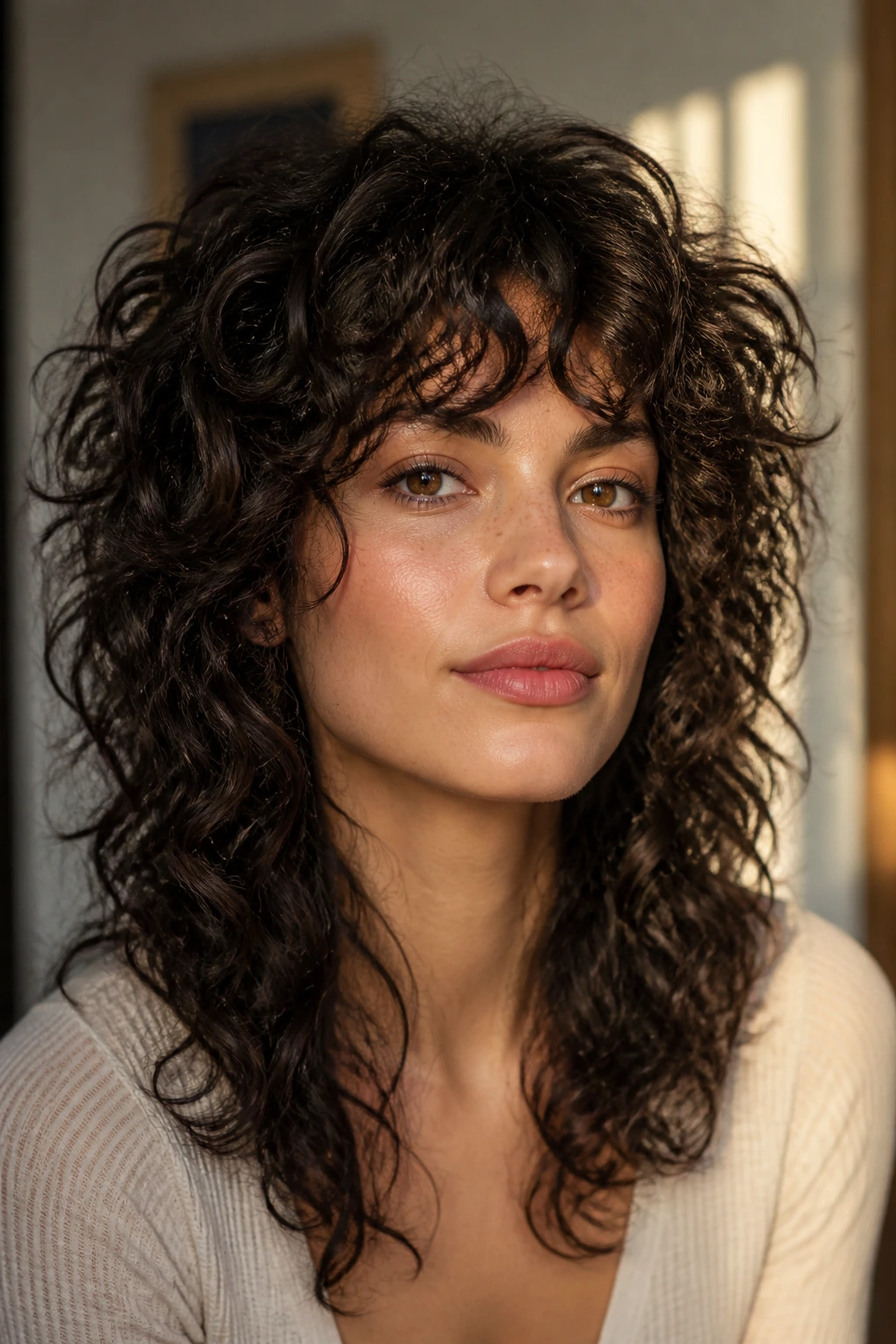 Close-up of a real person with curly-first shag, curls framing the face