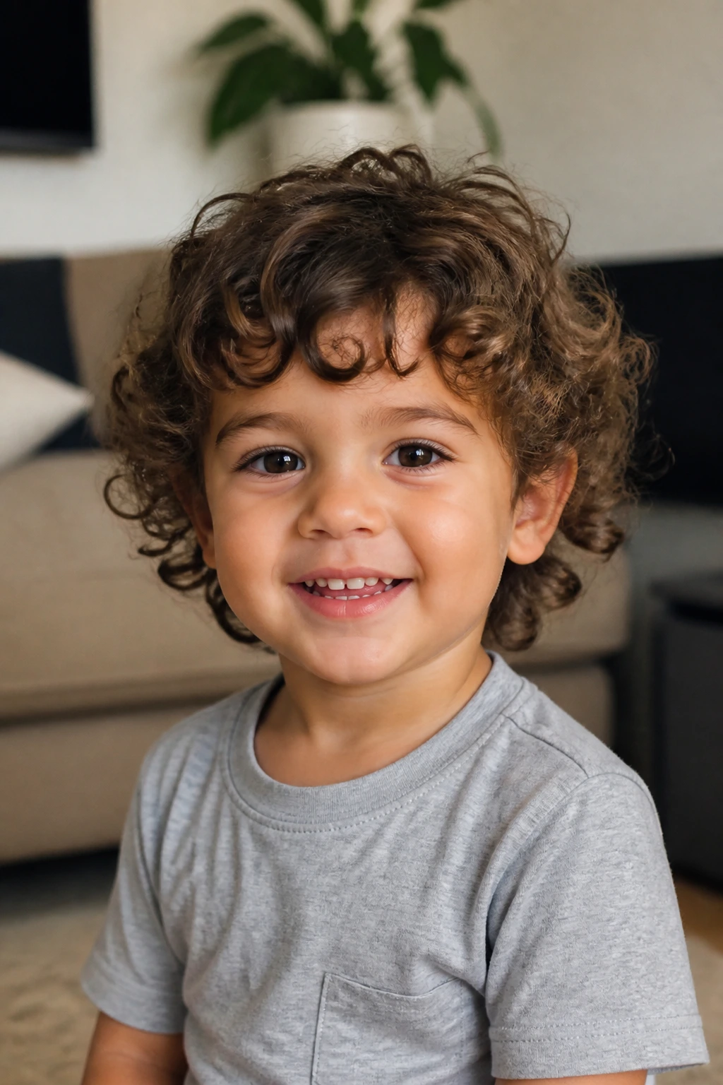 Close-up of a toddler with curly shag showing layered curls and ringlets