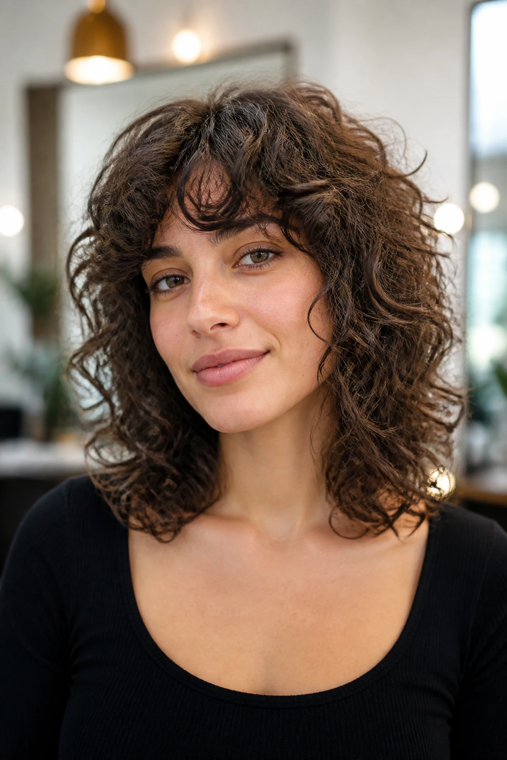 Real woman with freshly trimmed shoulder-length curly hair showing readable layers and fringe
