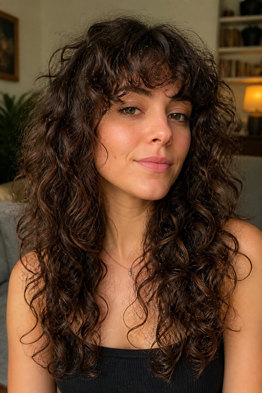 Real person with curly long shag demonstrating curly-first variation.