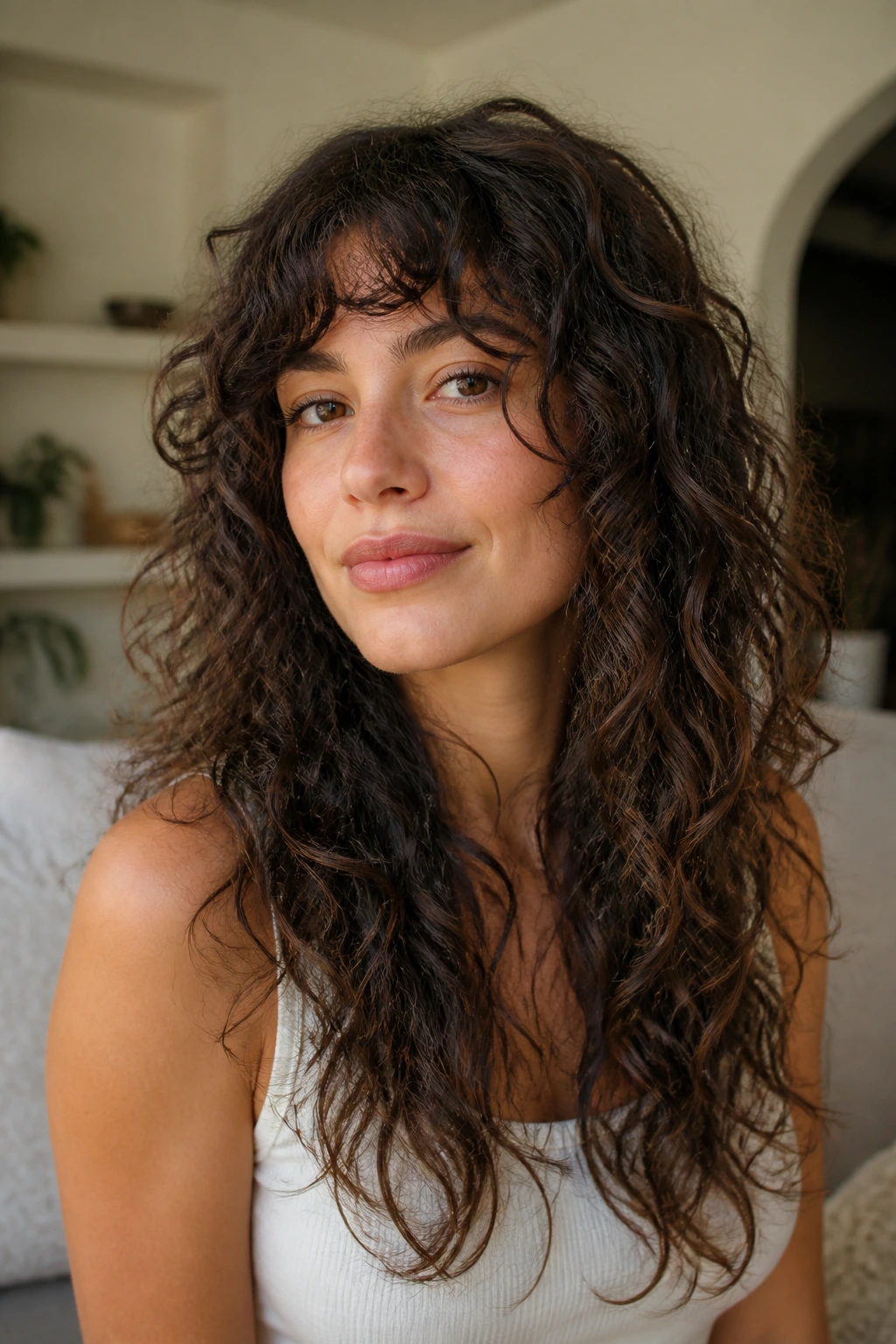 Portrait of a real woman with curly shag and long hem variation