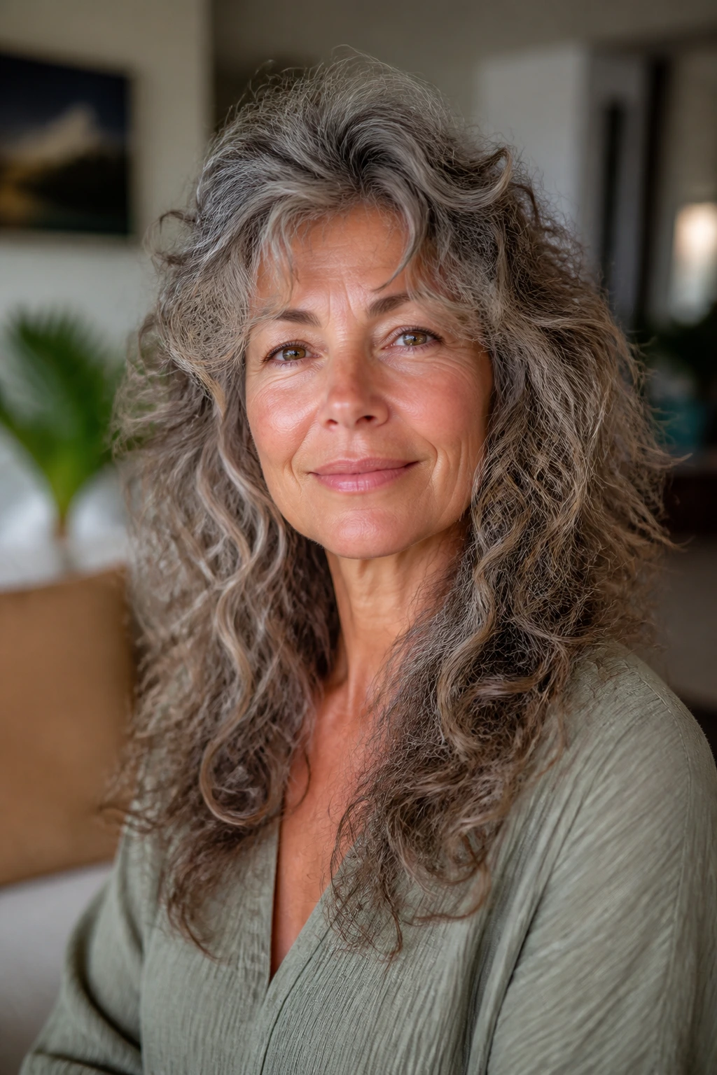 Portrait of a real woman with a curly shag variation featuring crown lift