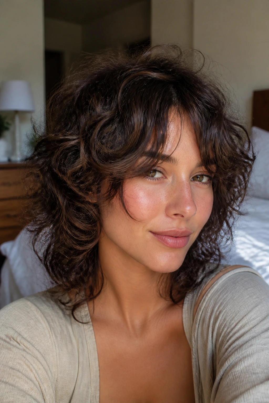 Close-up of a real woman with curly shag soft curtain fringe variant in warm daylight