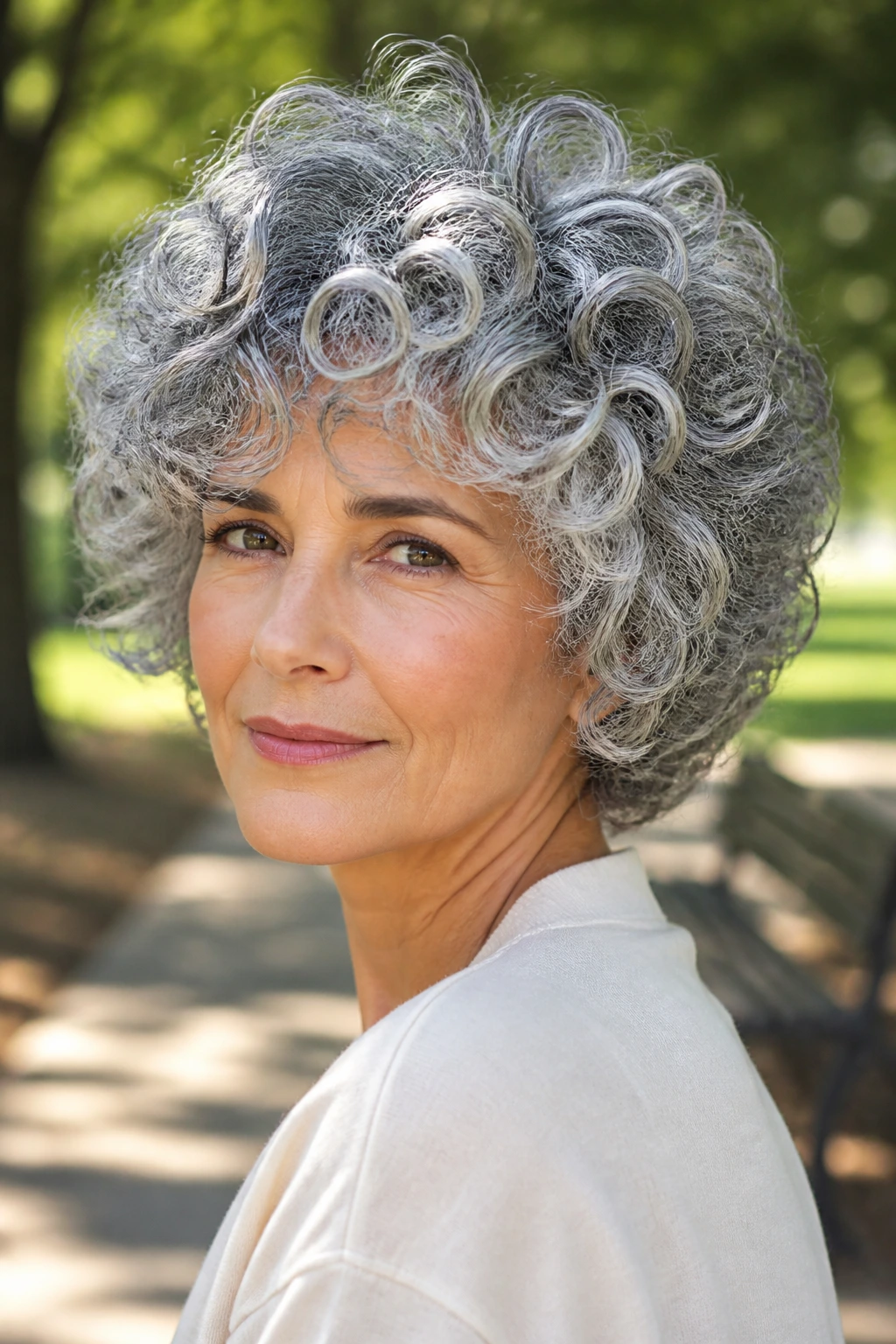 Close-up of a real woman with curly shag showing rounded volume in natural sunlight