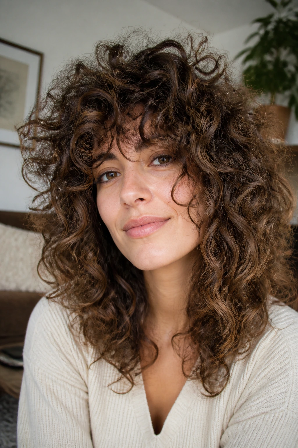Close-up of a real person with curly shag and rounded volume
