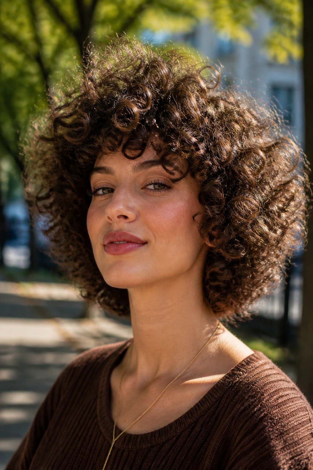 Portrait of a person with big-shape curly shag in outdoor daylight