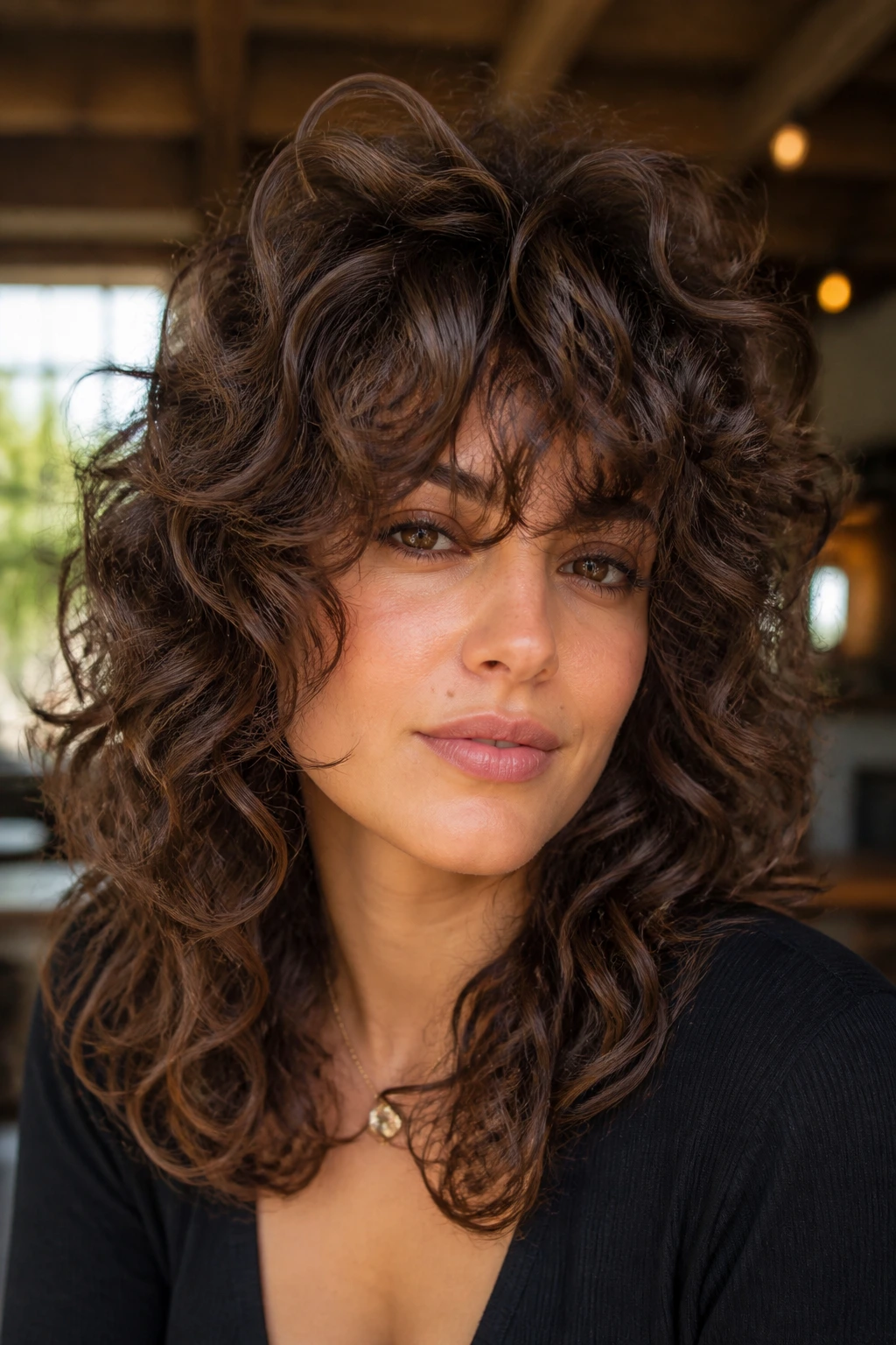 Close-up of a real woman with high-volume curly shag and bold bangs.