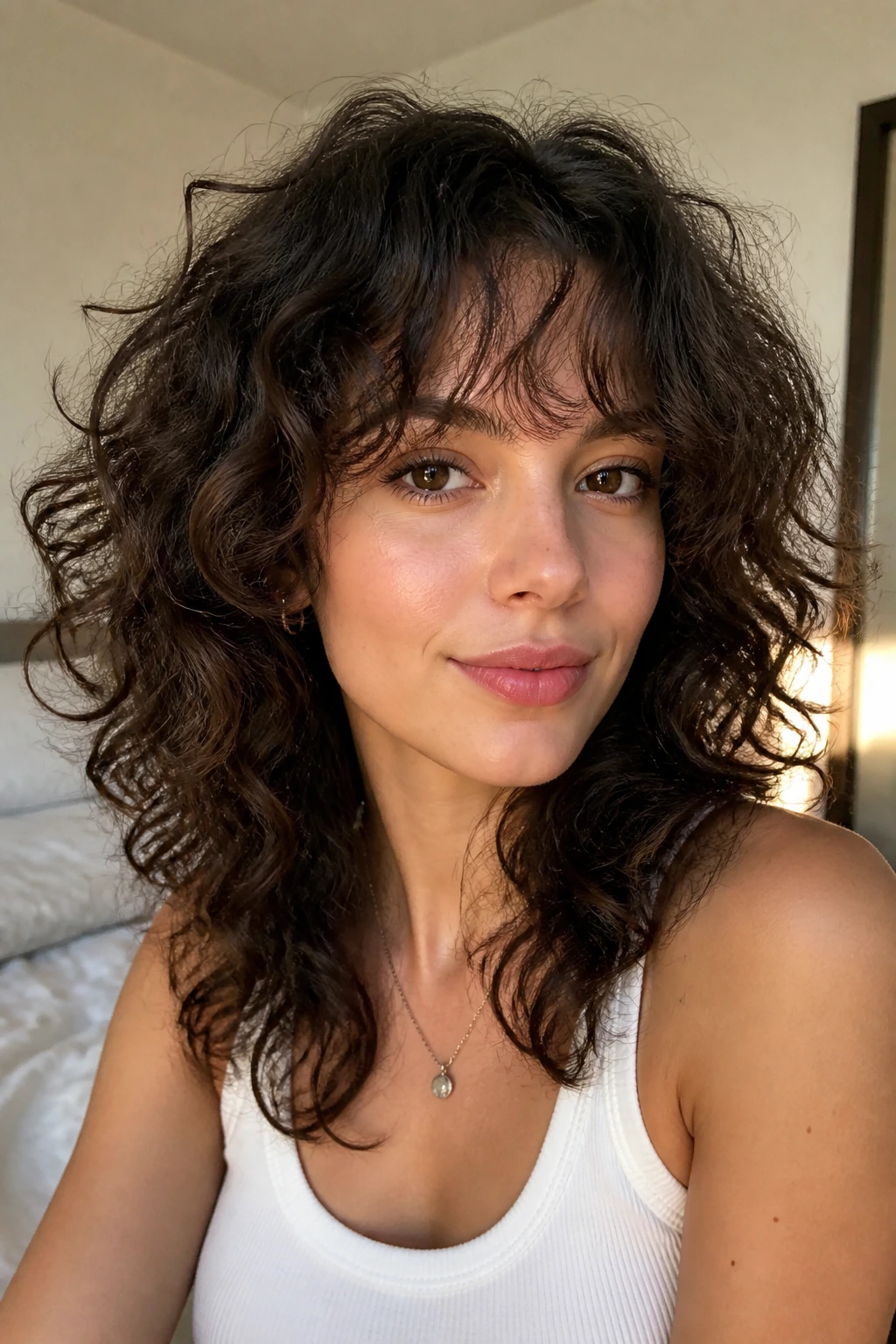 Close-up of a real woman with curly shag and wispy fringe.