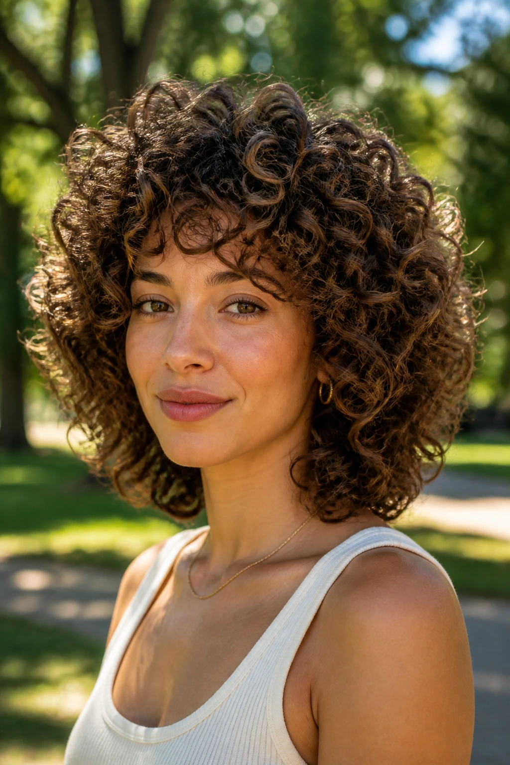 Close-up of curly hair in a layered halo cut on a real woman