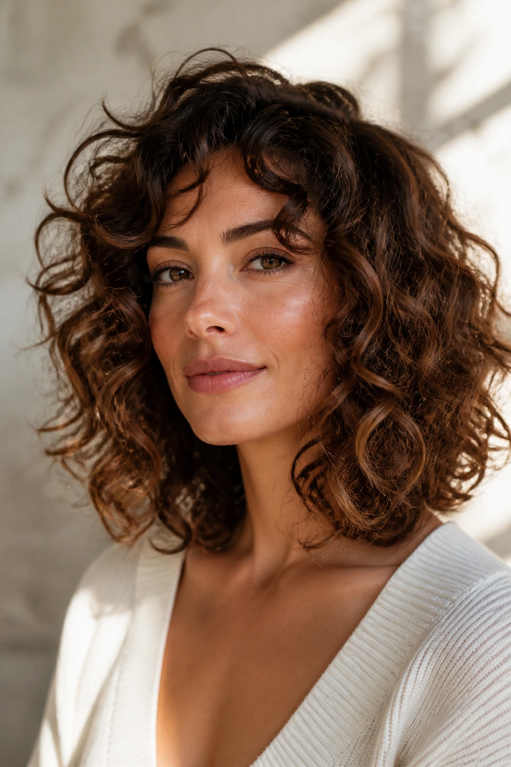 Close-up of a real woman with shoulder-length curly lob hairstyle