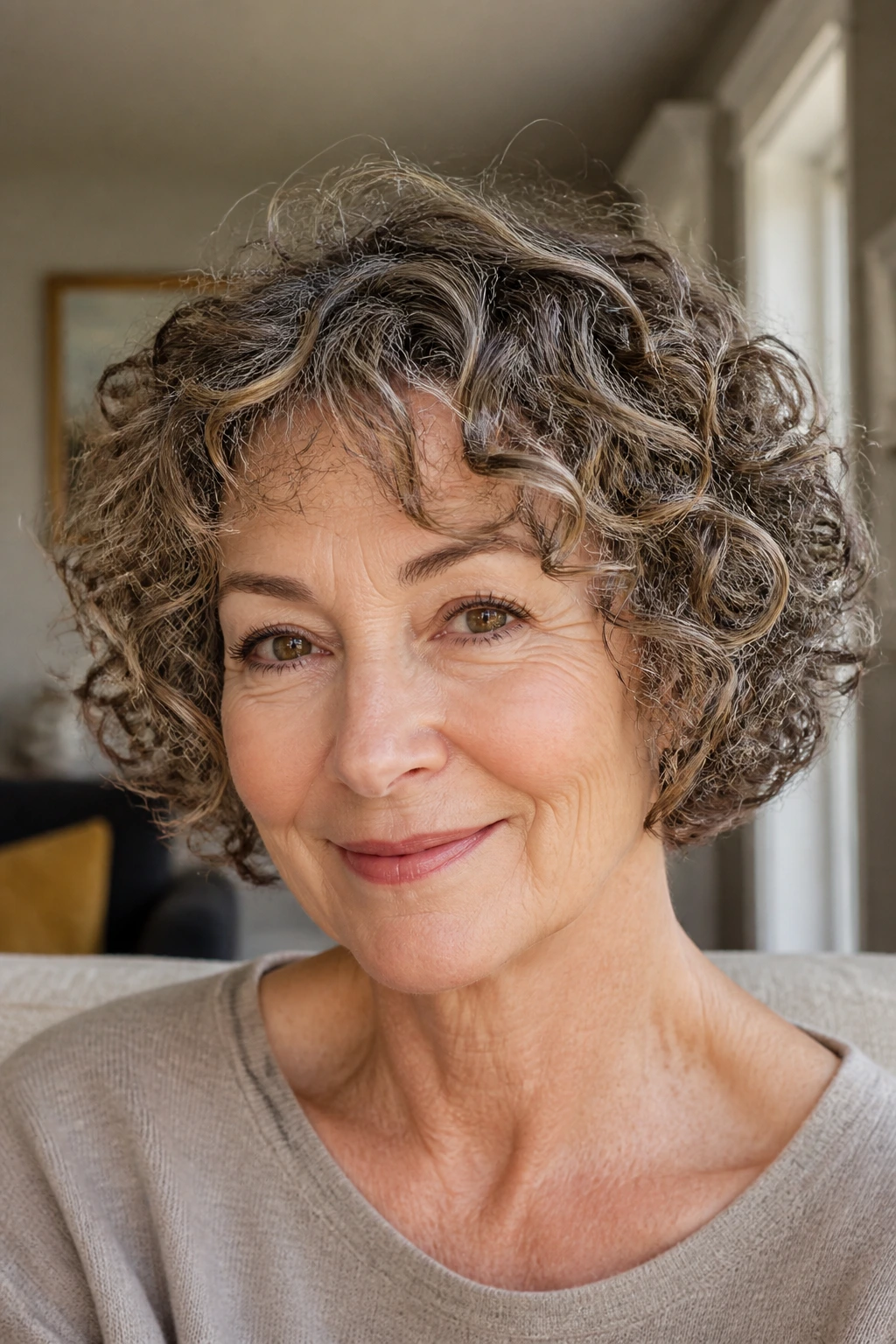 Close-up portrait of a real woman with a short curly bob under soft light