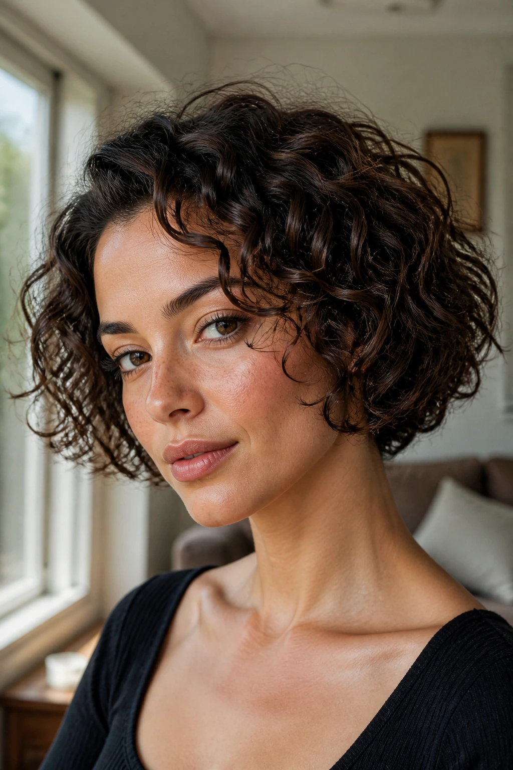 Close-up of real woman with jaw-length curly bob in natural daylight