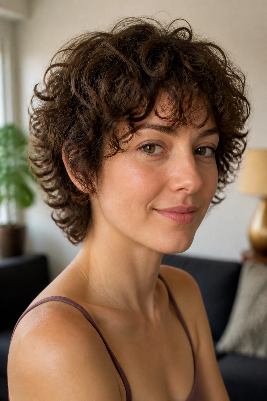 Close-up portrait of a real person with short curly shag showing defined curls