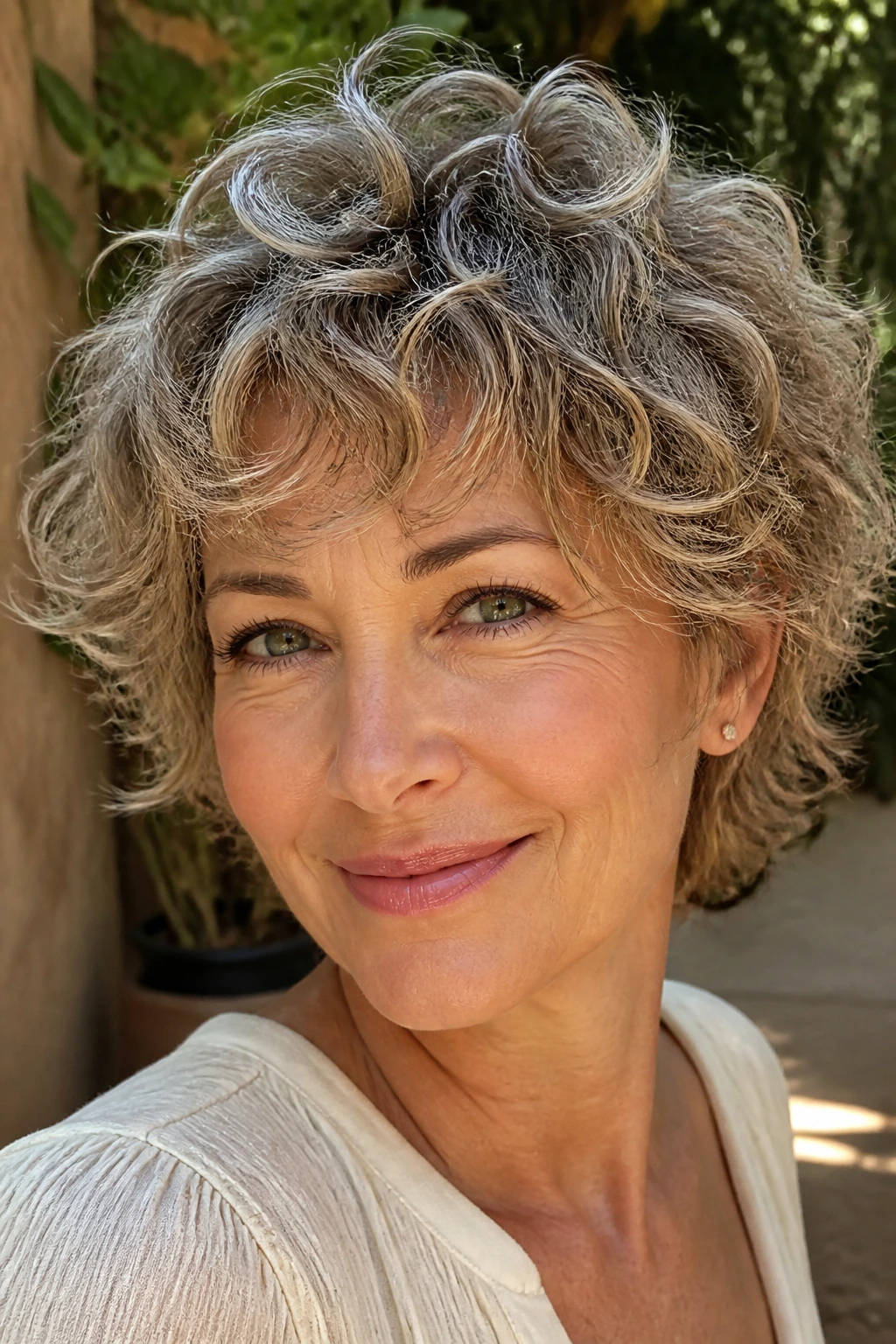 Real woman with a curly short shag for fine waves