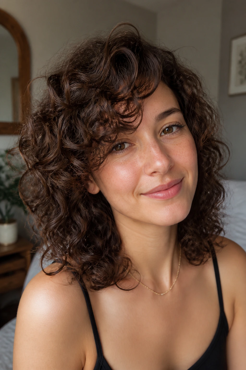 Close-up portrait of a real person with shoulder-length curls and extended side bangs