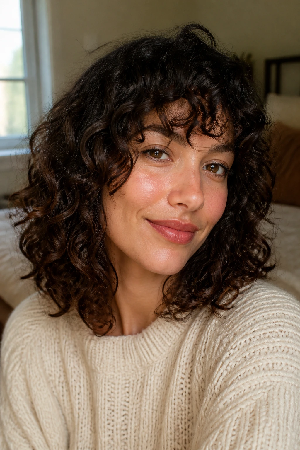 Close-up of a real woman with curly shoulder-length cut and curly bangs