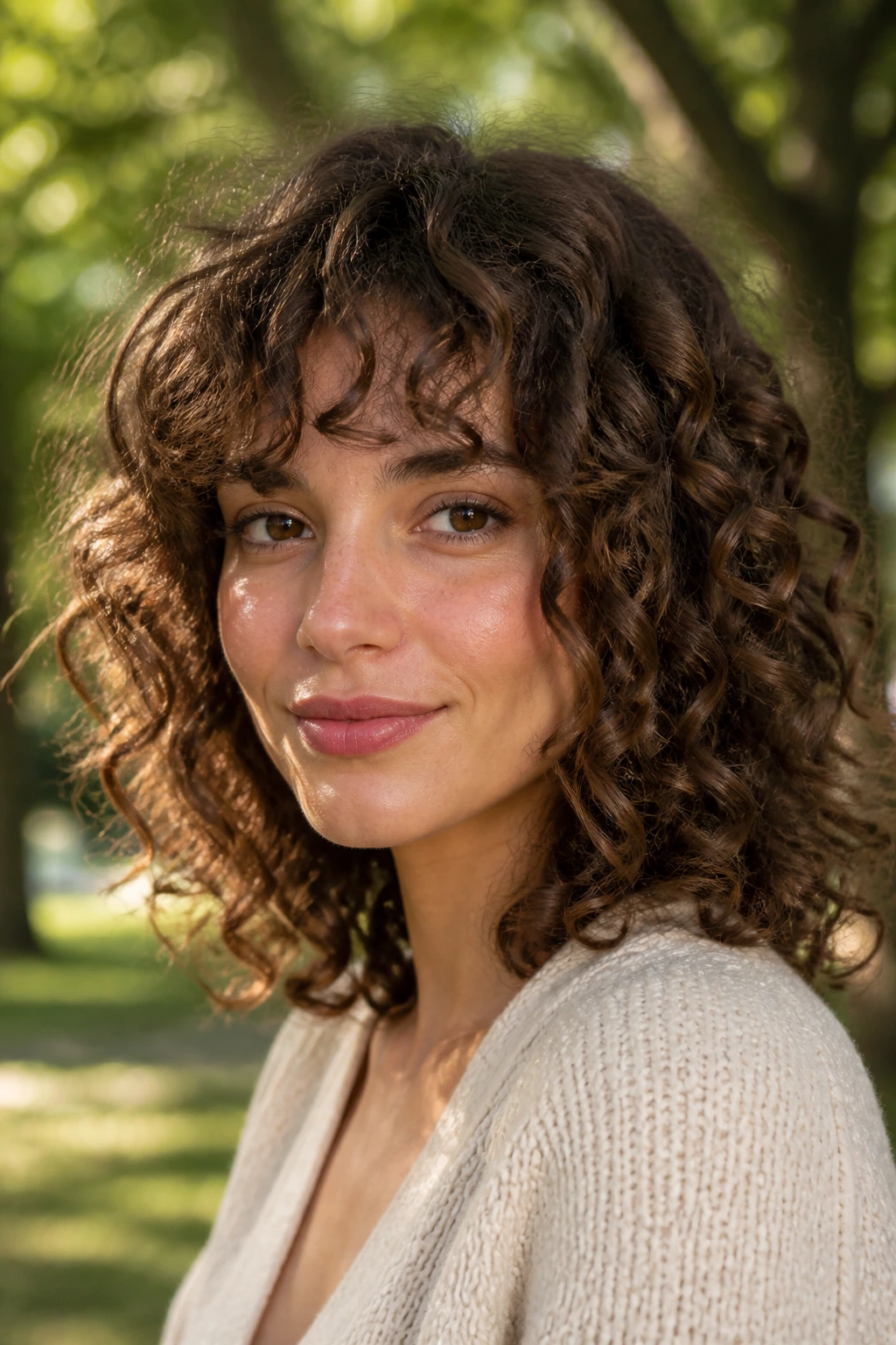 Portrait of real woman with Curly Shoulder-Length Cut and Curly Bangs in sunlit park