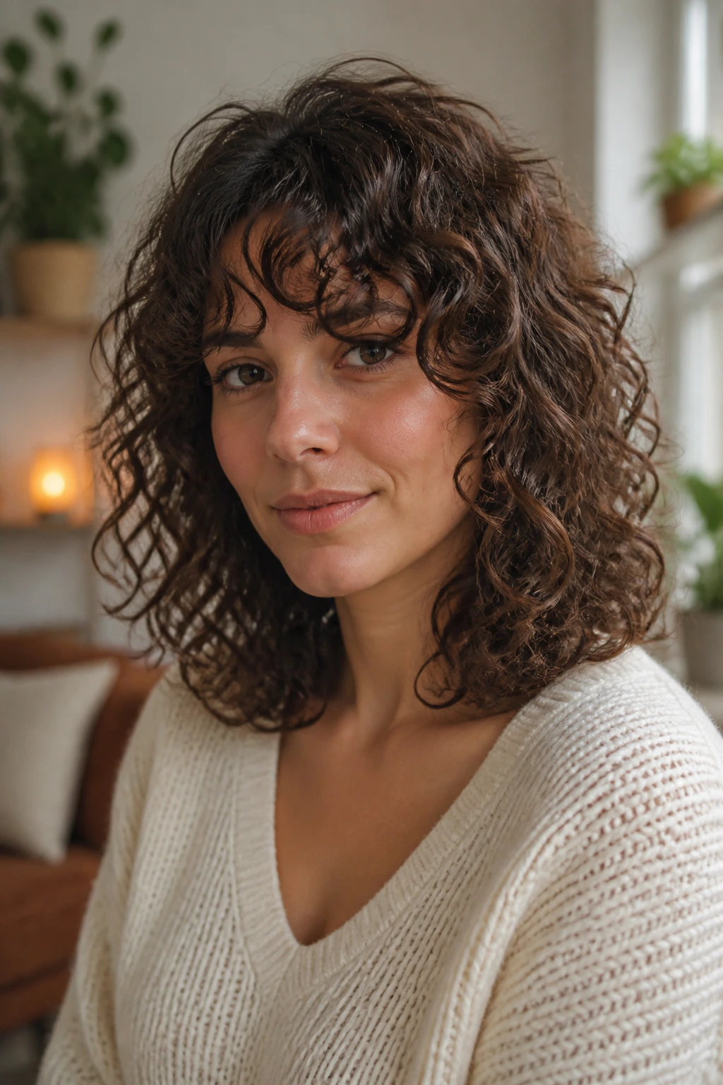 Close-up of a real woman with curly shoulder-length hair and curved fringe