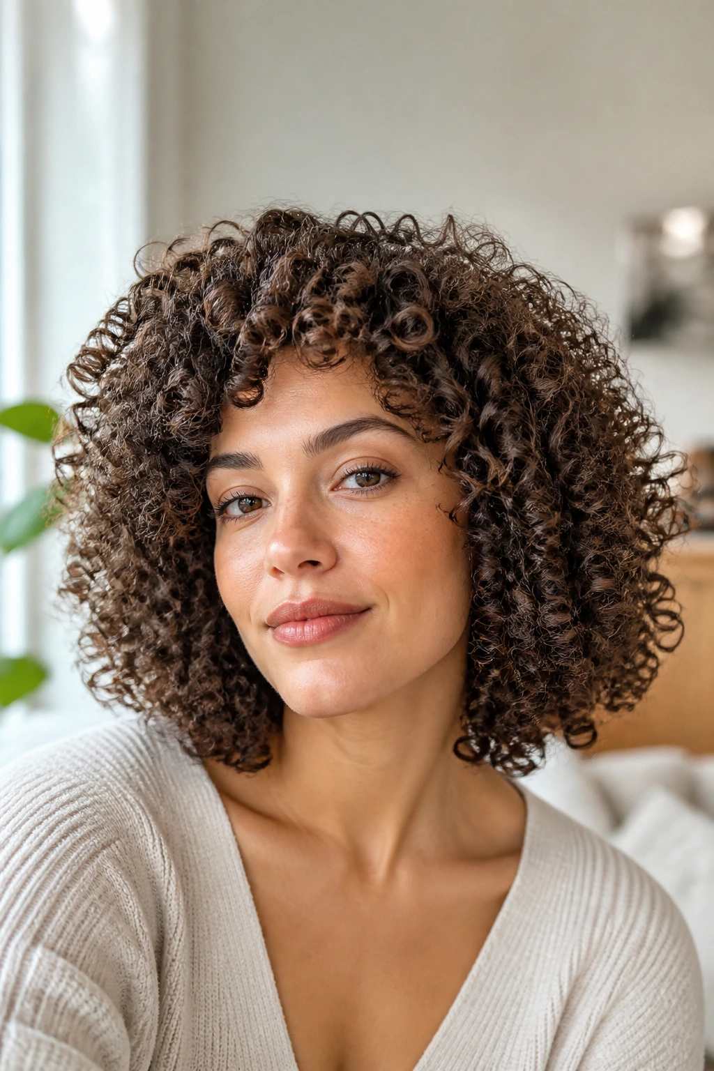 Close-up of a real woman with curly shoulder-length hair shaped like a halo.