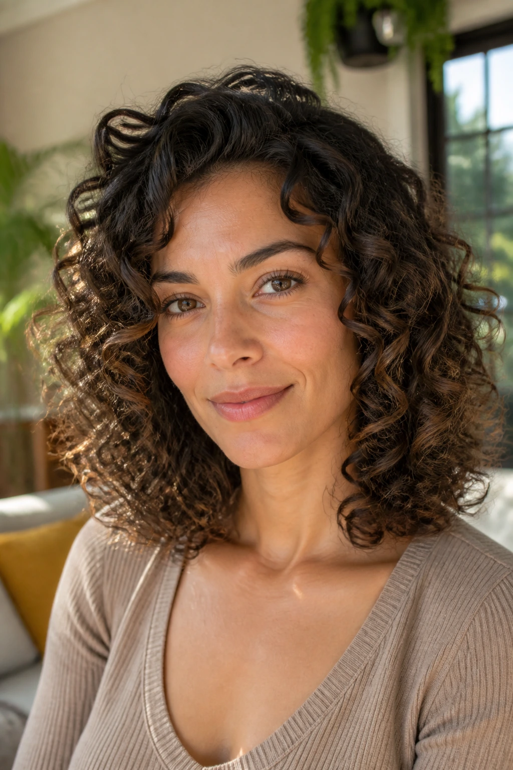 Close-up of a real woman with shoulder-length curly hair forming a rounded shape in natural light.