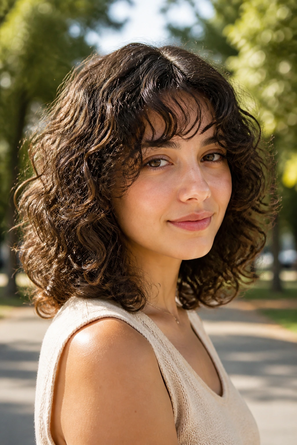 Portrait of a person with curly shoulder-length layers and curtain bangs in natural sunlight
