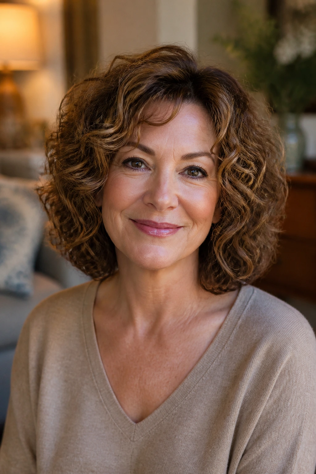 Close-up of real woman with curly shoulder-length cut and rounded shape