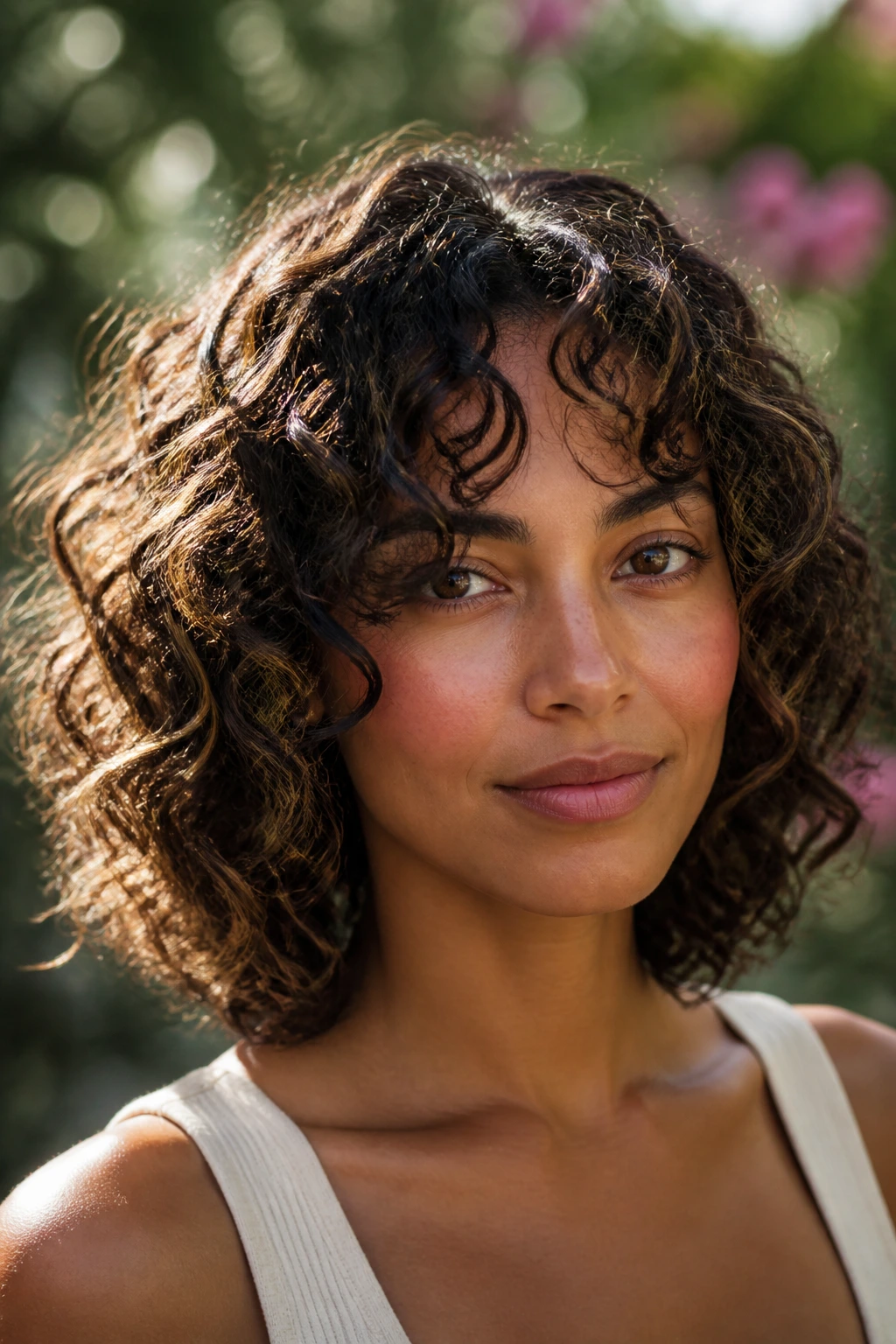 Real woman with curly shoulder lob showing stacked springy curls at shoulder.