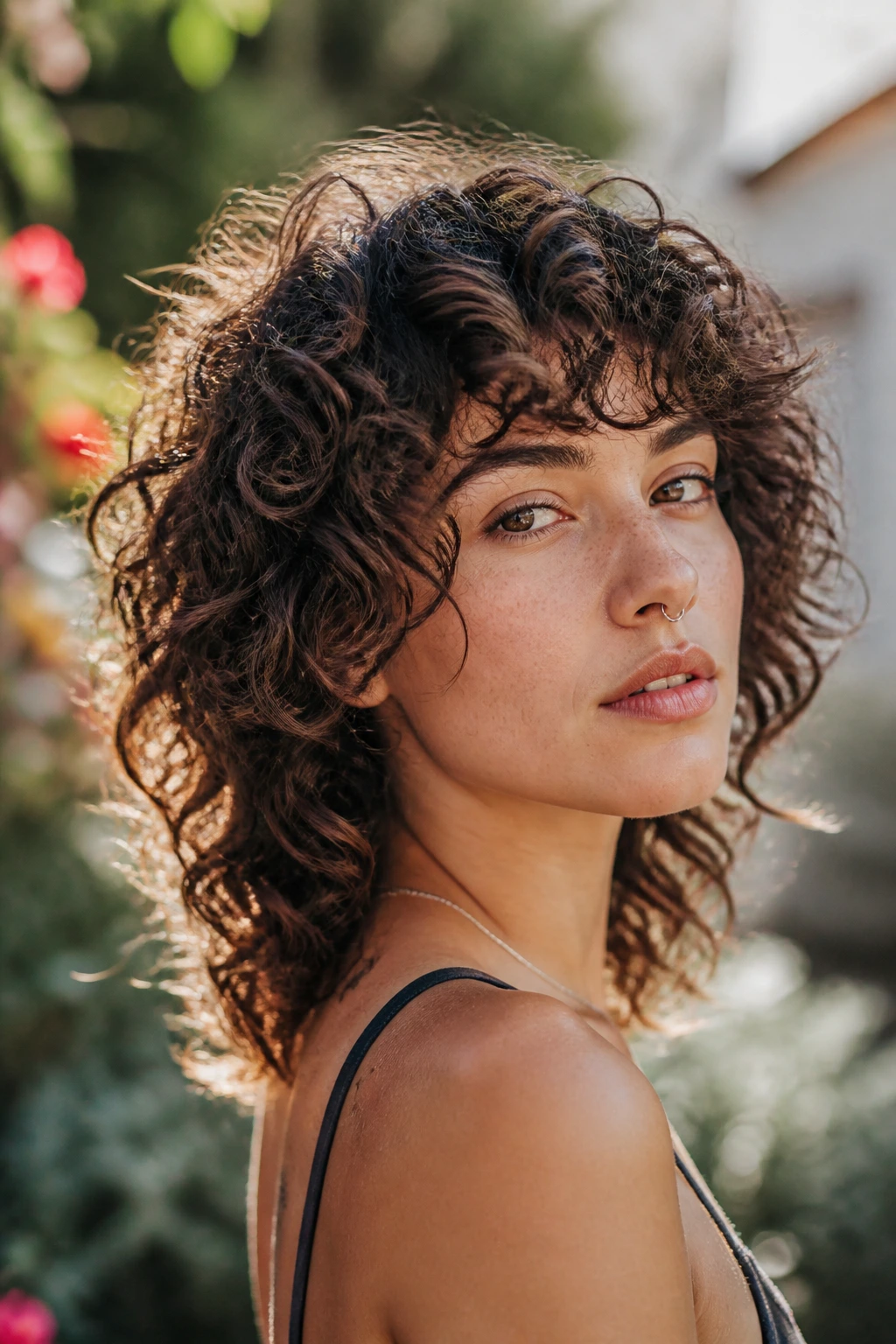 Close-up portrait of a real person with curly shoulder-length mullet