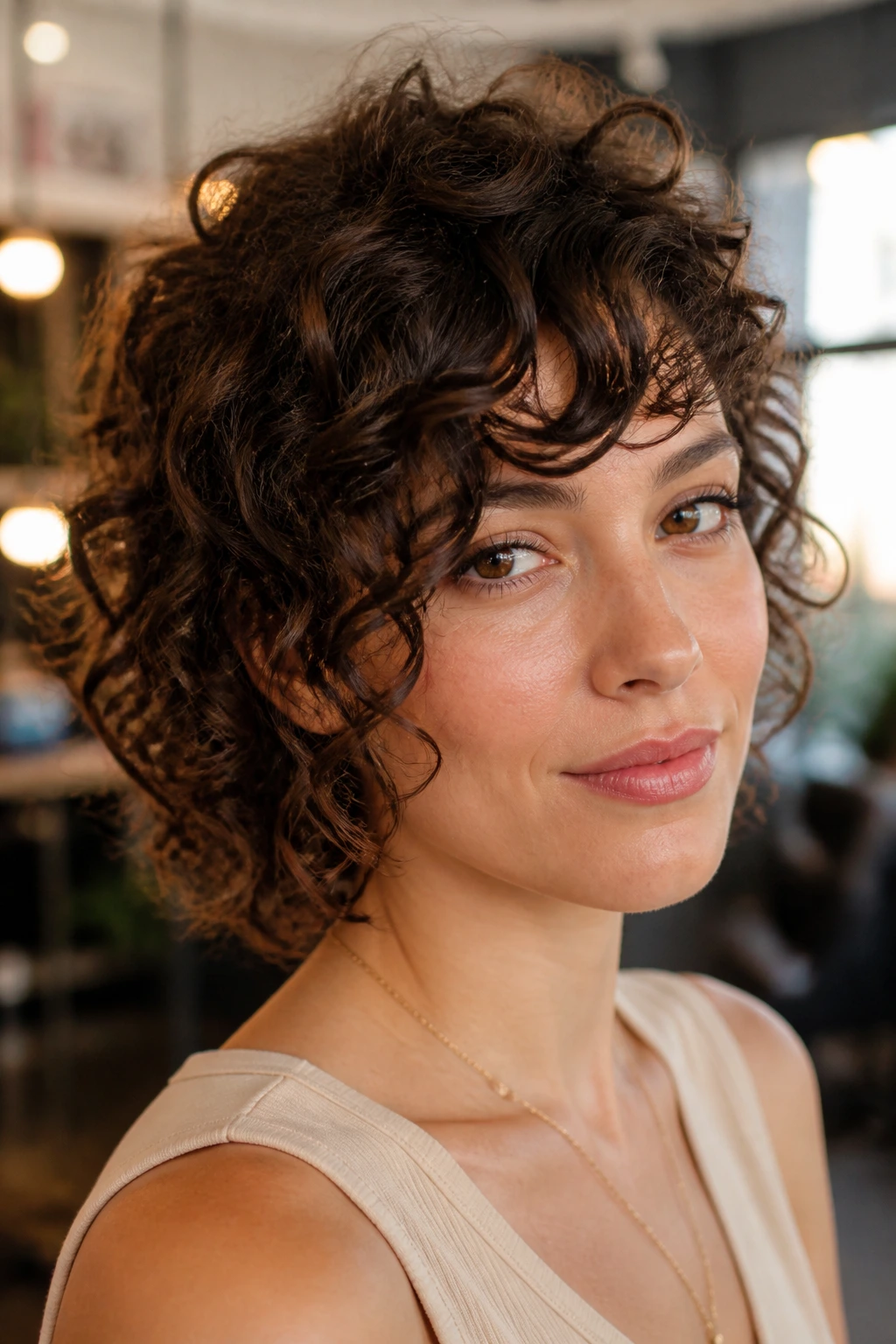 Close-up of a real woman with curly side bangs cut dry following natural curl pattern