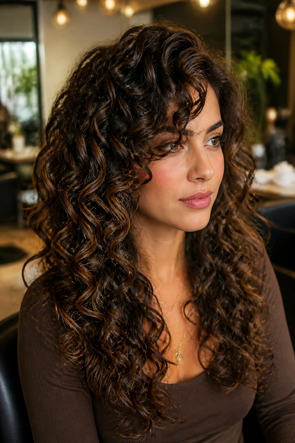 Close-up of a real woman with curly side bangs, dry-cut to follow curl pattern in a salon.
