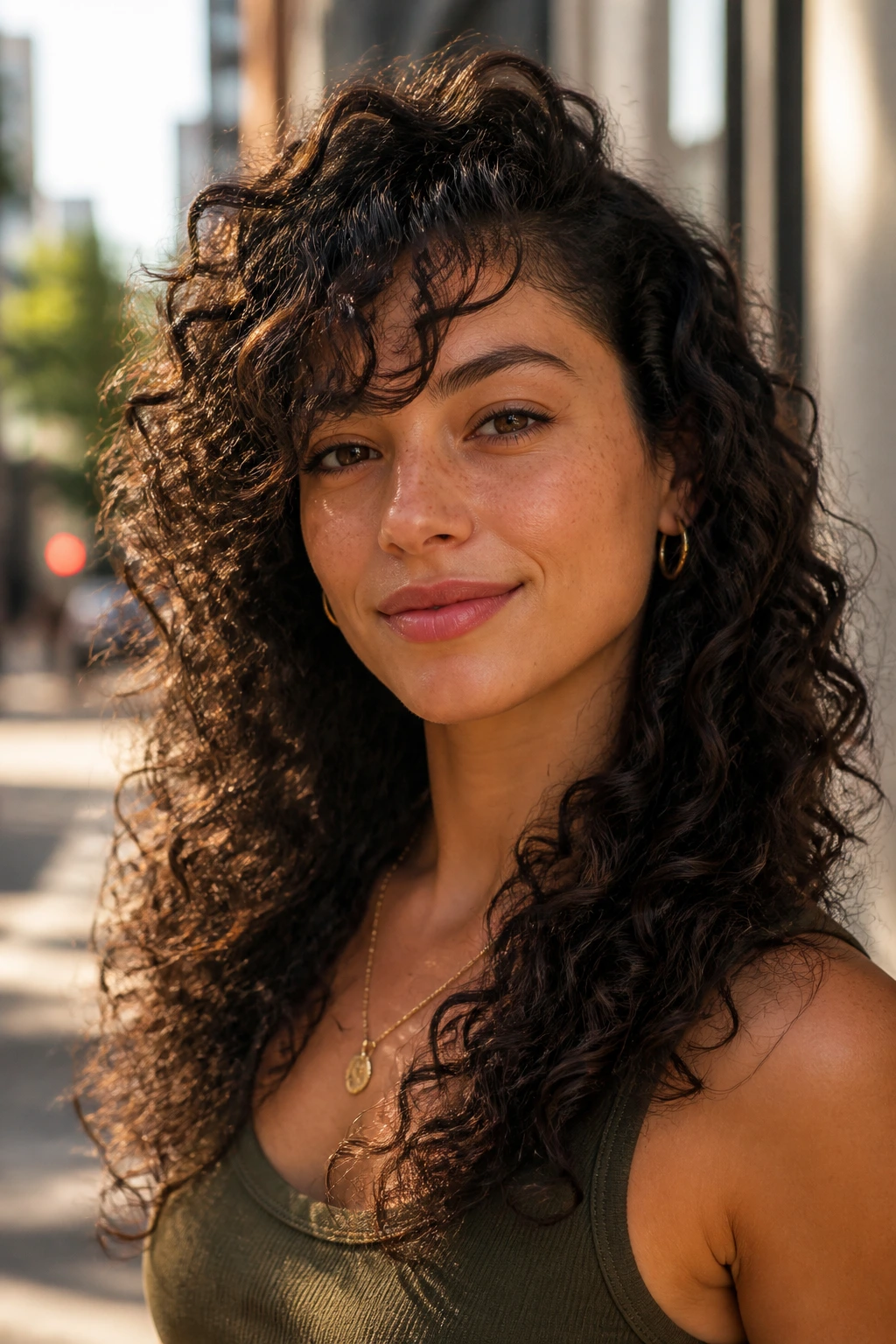 Curly side bangs following natural curl pattern outdoors in daylight