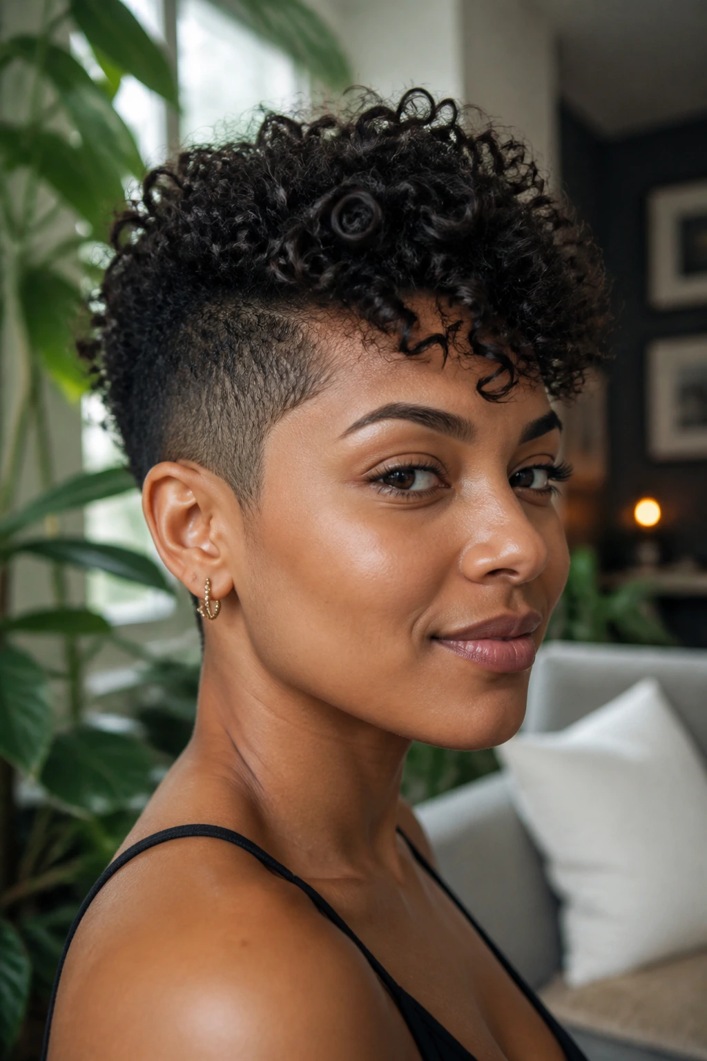 Close-up of a woman with curly side fade crop haircut