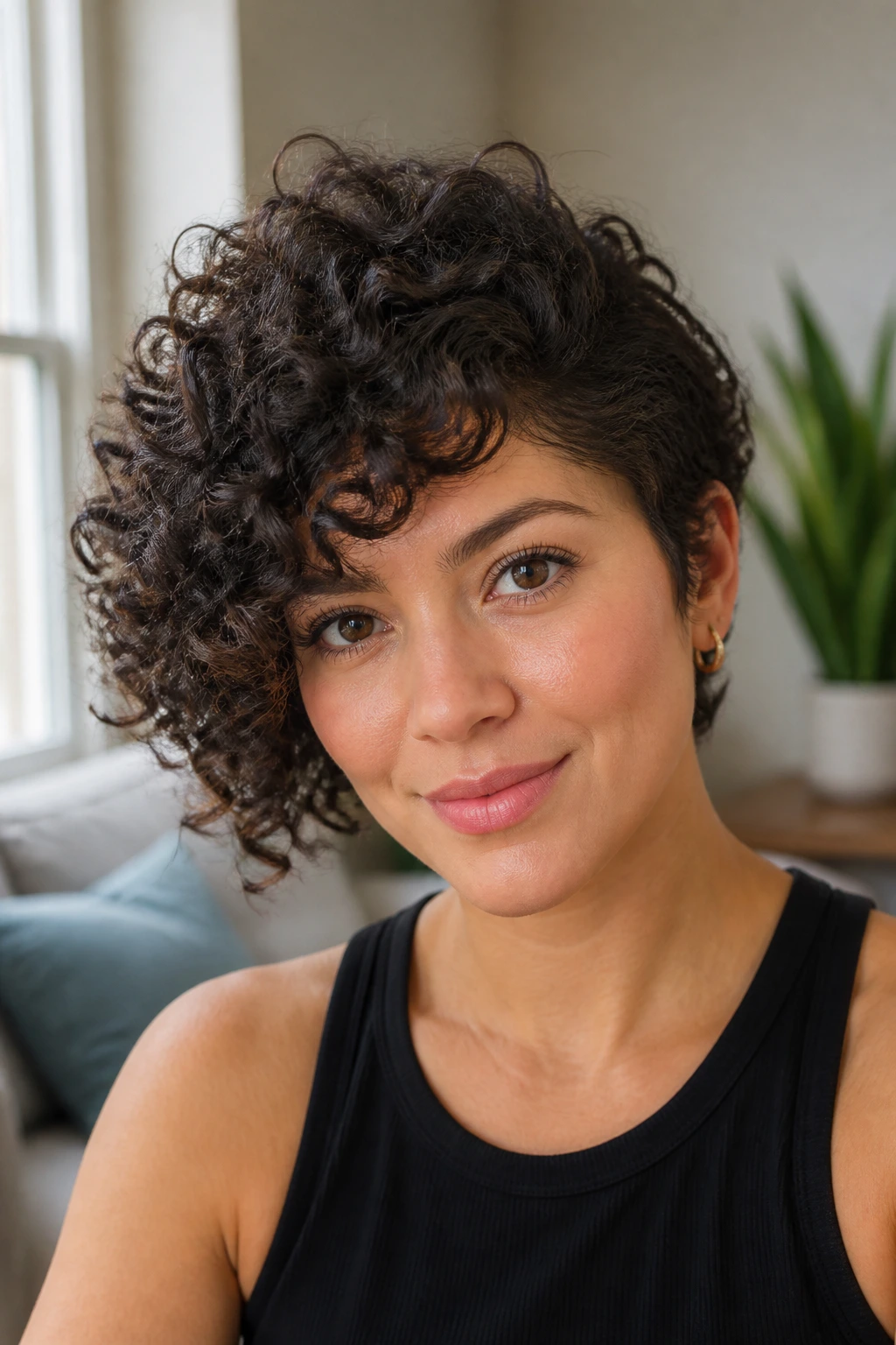 Close-up portrait of a real person with curly side-swept bangs.