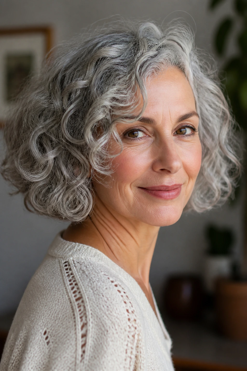 Close-up portrait of a real woman with curly silver bob