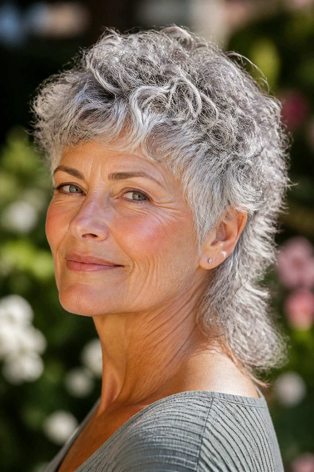 Portrait of an older woman with curly silver mullet
