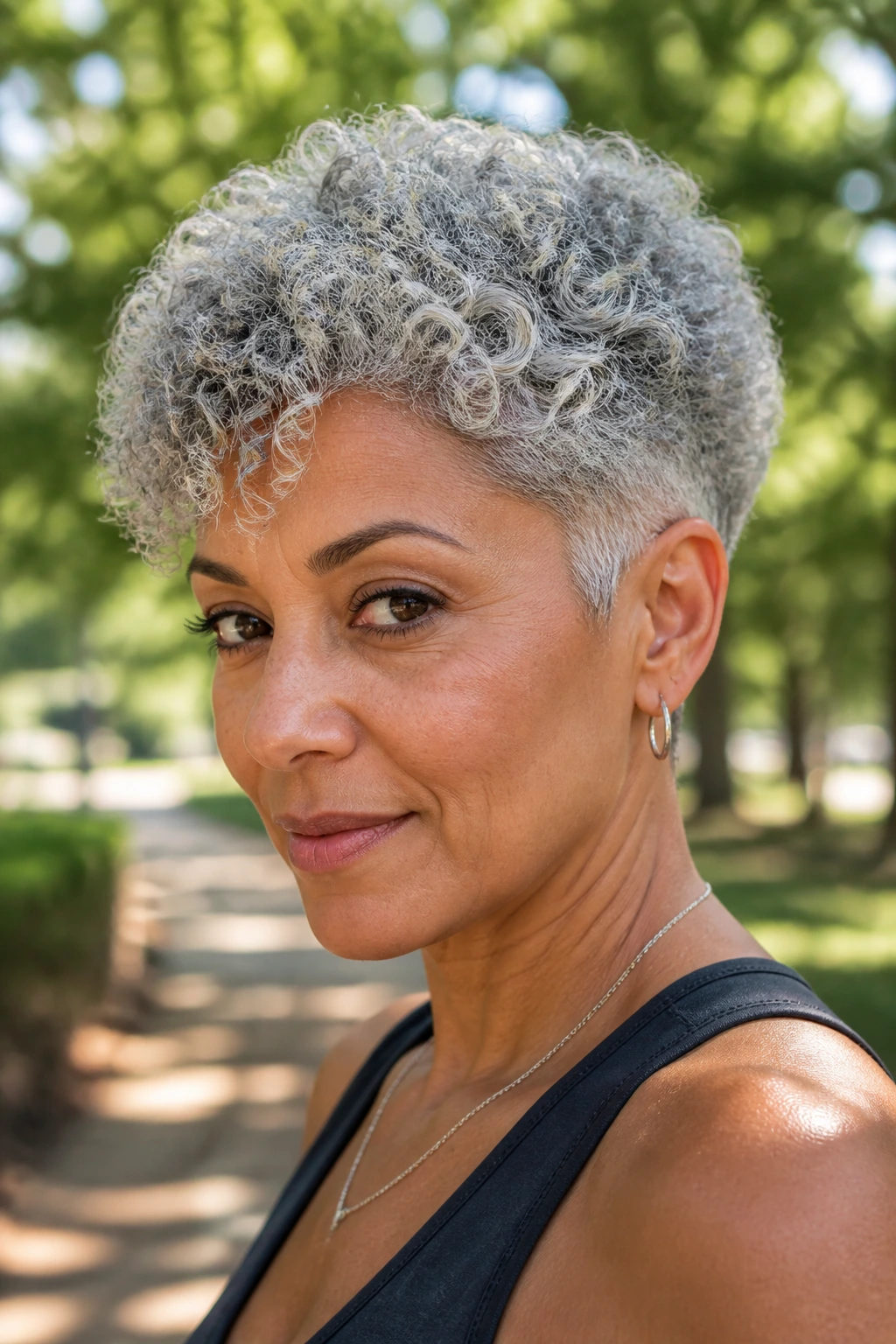 Close-up portrait of a real person with curly silver tapered hairstyle