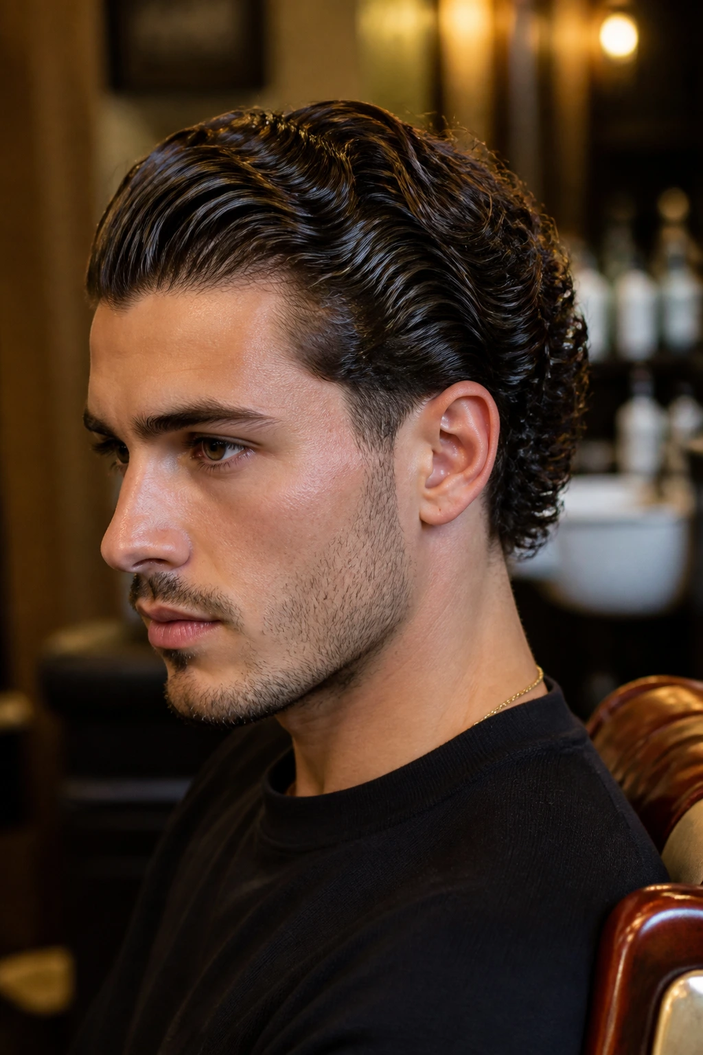 Close-up of a man with curly slick back in a barbershop setting