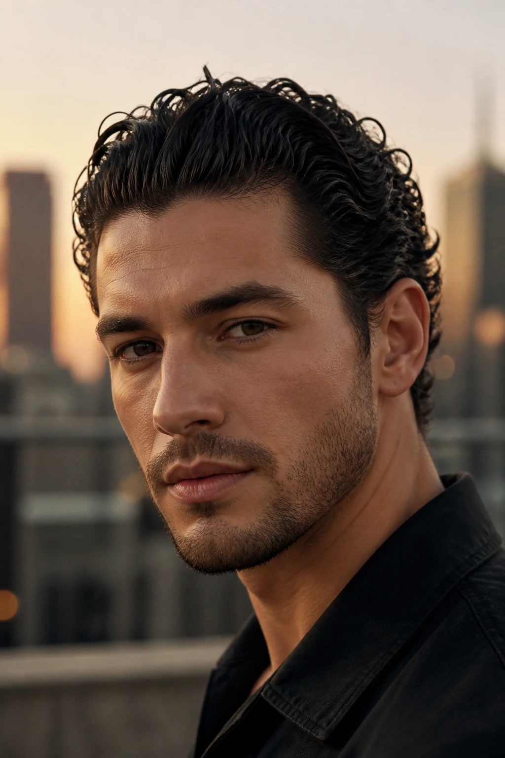 Close-up portrait of a man with curly slick back hairstyle on an urban rooftop at dusk