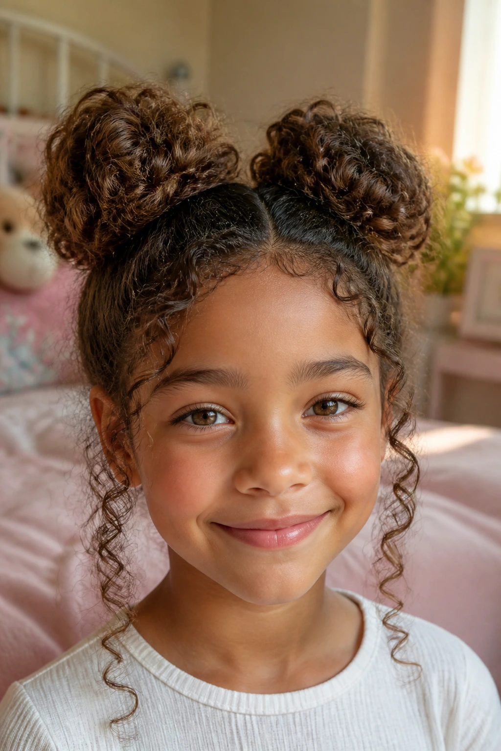 Close-up of real girl with curly space buns in a cozy bedroom