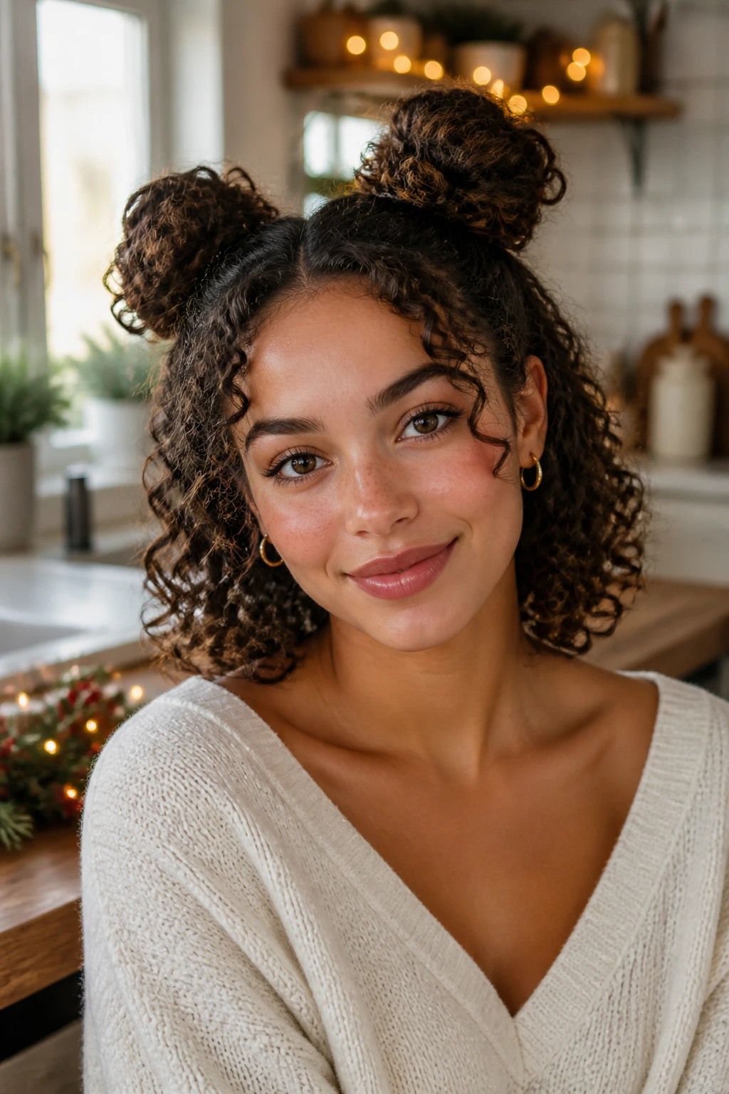 Real woman with curly space buns and defined ends in a warm kitchen.