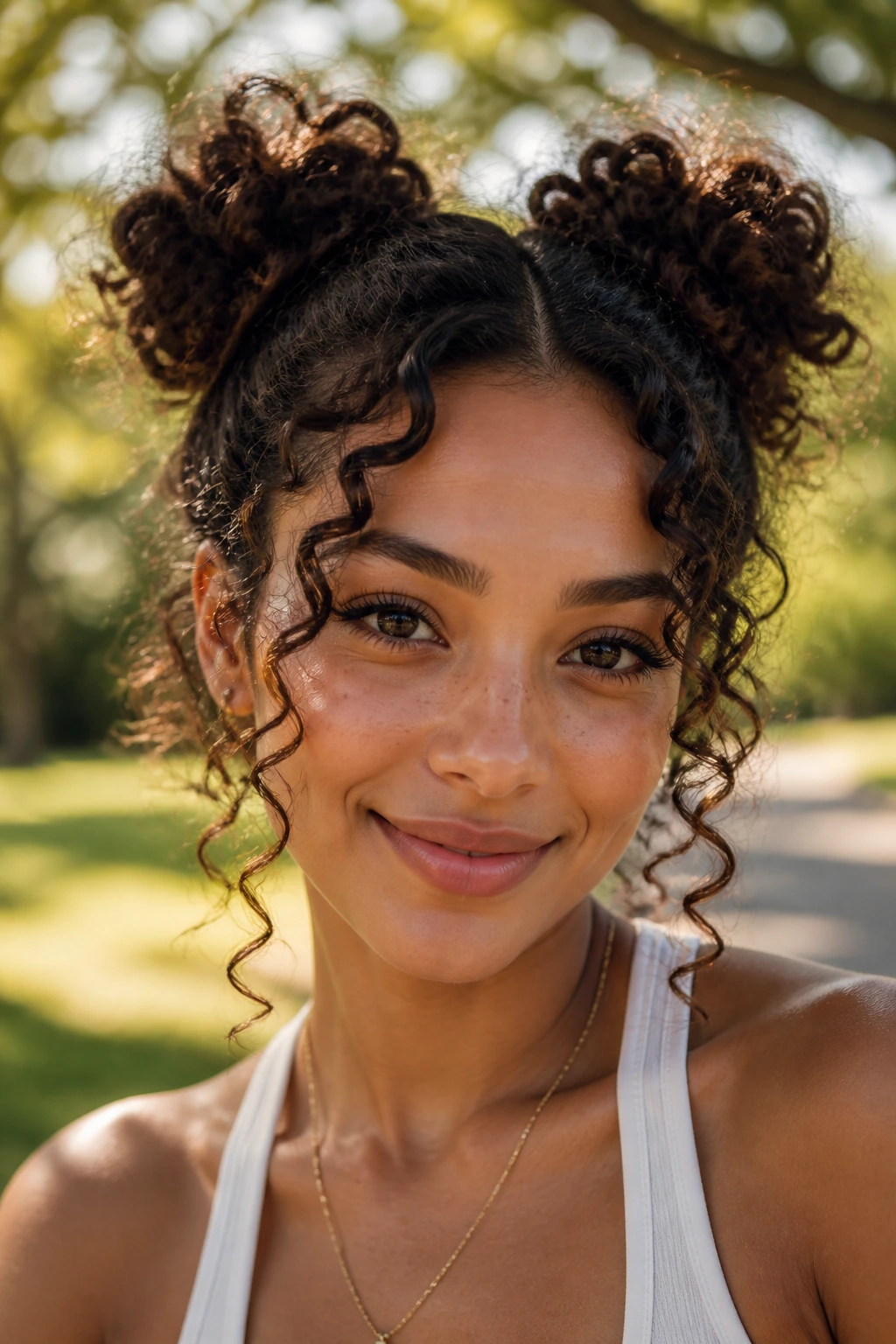 Close-up of a real person with curly space buns and loose tendrils framing the face