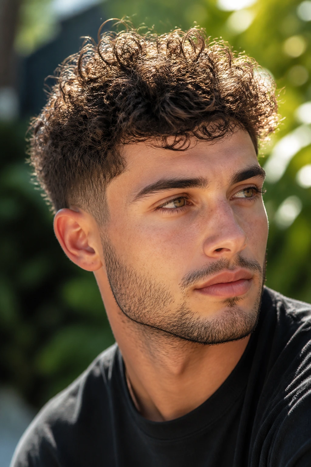 Close-up of man with curly spikes hairstyle outdoors in sunlight